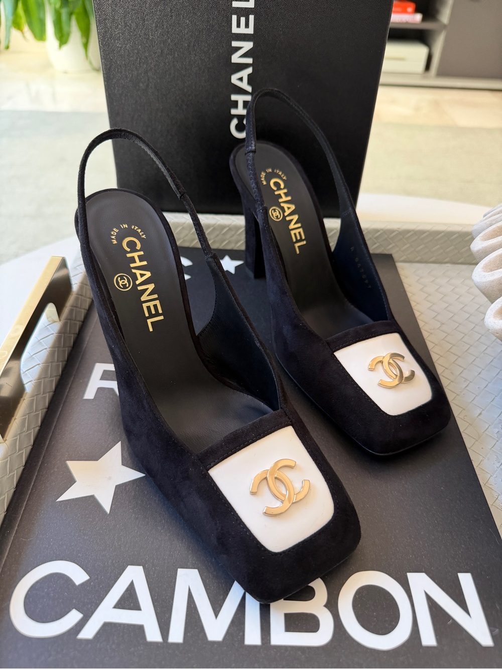 Chanel 26K Blazy Black Suede White Square Toe CC Slingback Sling Heel Pumps 37.5